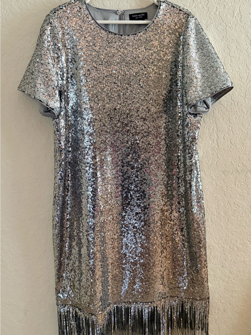 Kate spade New York silver sequin sparkle short sleeve dress with fringe hem